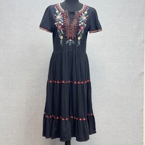 Johnny Was Nya Tiered Embroidered‎ Midi Dress Bohemian Floral Cotton Size XS